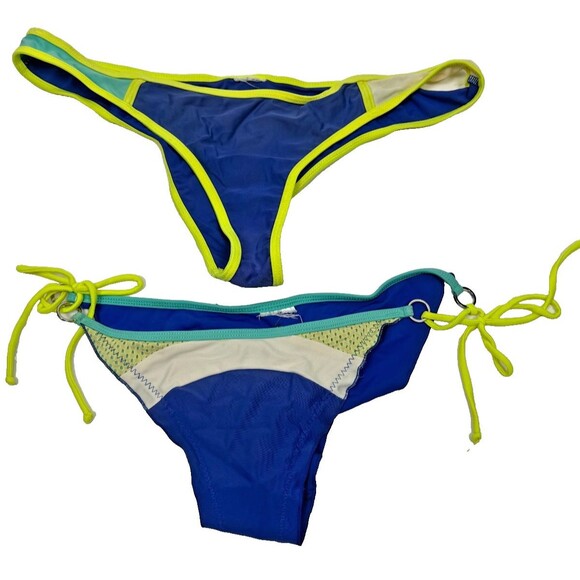 Body Glove Bikini Set Small‎ Cheeky Bottoms Tie Side Triangle Top Blue Neon Swim - Picture 3 of 8